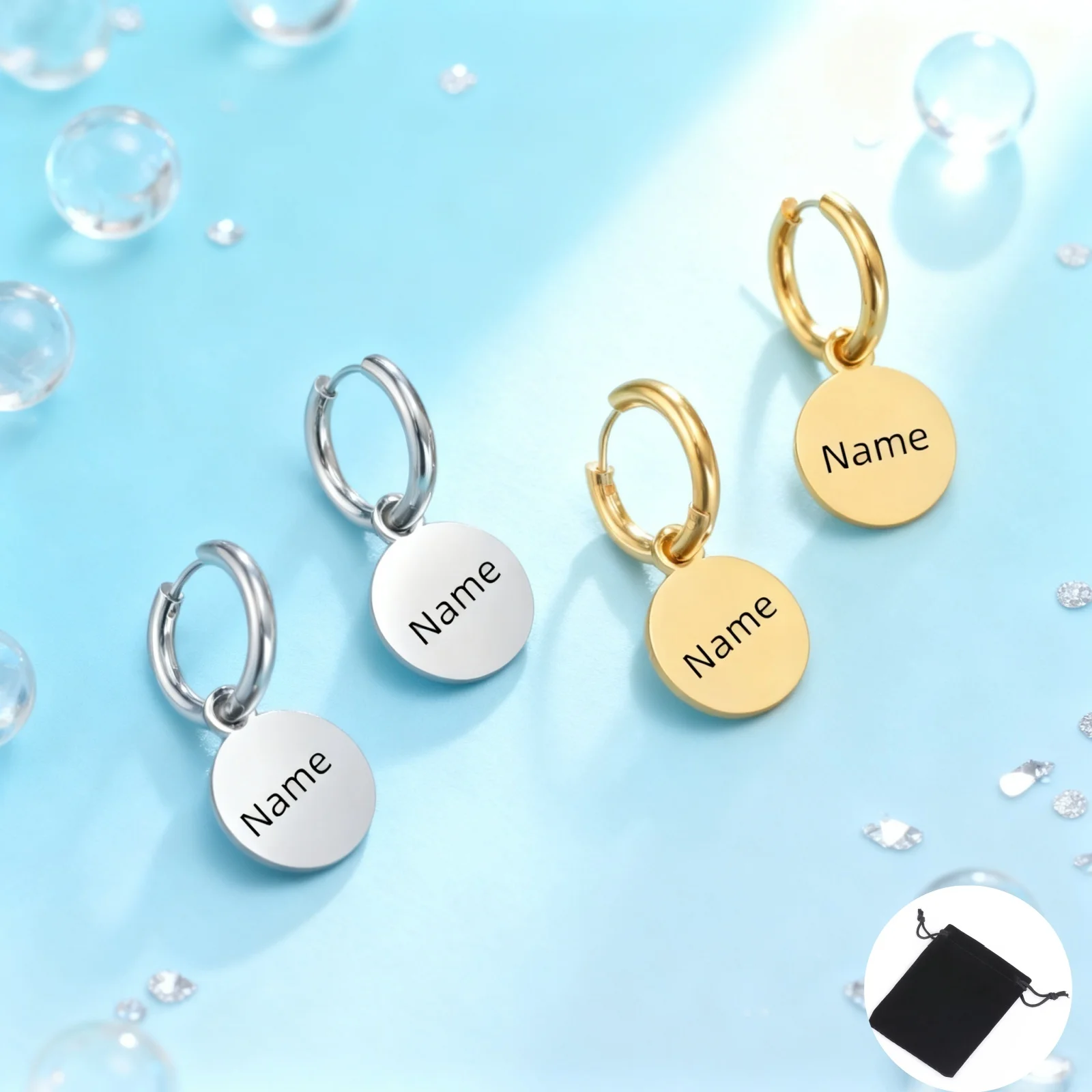 Customized Name Date Simple Round Pendant Women's Earrings Stainless Steel Personalized Fashion Solid Round Earrings Jewelry