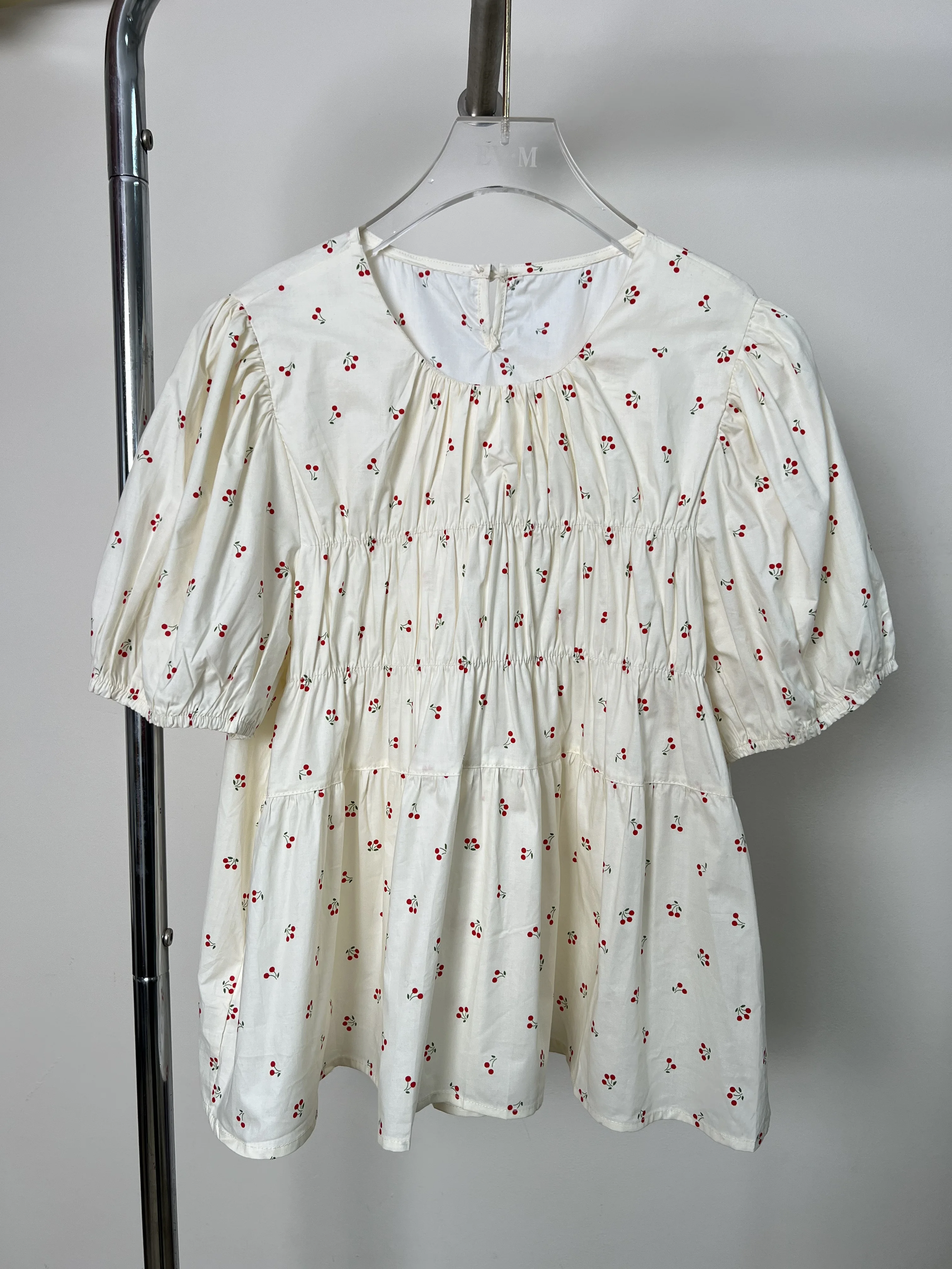 

Women's Cherry Print Puff Sleeve Blouse Round Neck Tiered Loose Casual Top