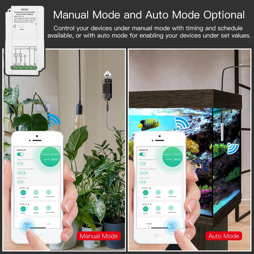 Módulo de interruptor inteligente de temperatura e umidade wi-fi, sensor de saída de relé duplo, aplicativo smart life, controlador sem fio, funciona com alexa e google