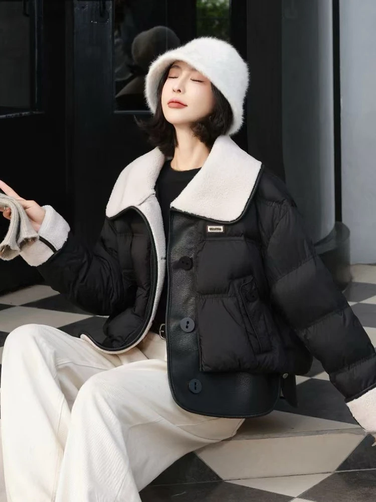 Winter Kurze Große Revers Lamm Wolle Unten Jacke Frauen Weiße Ente Unten Lose Parker Outwears Weibliche Einreiher Stepp Jacken