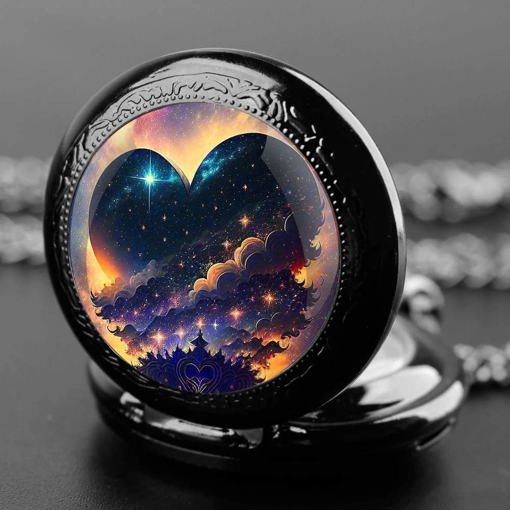 Love Night Sky Design Glass Dome Quartz Pocket Watch With Durable Chain Arabic Numeral Dial For Men And Women Creative Gifts