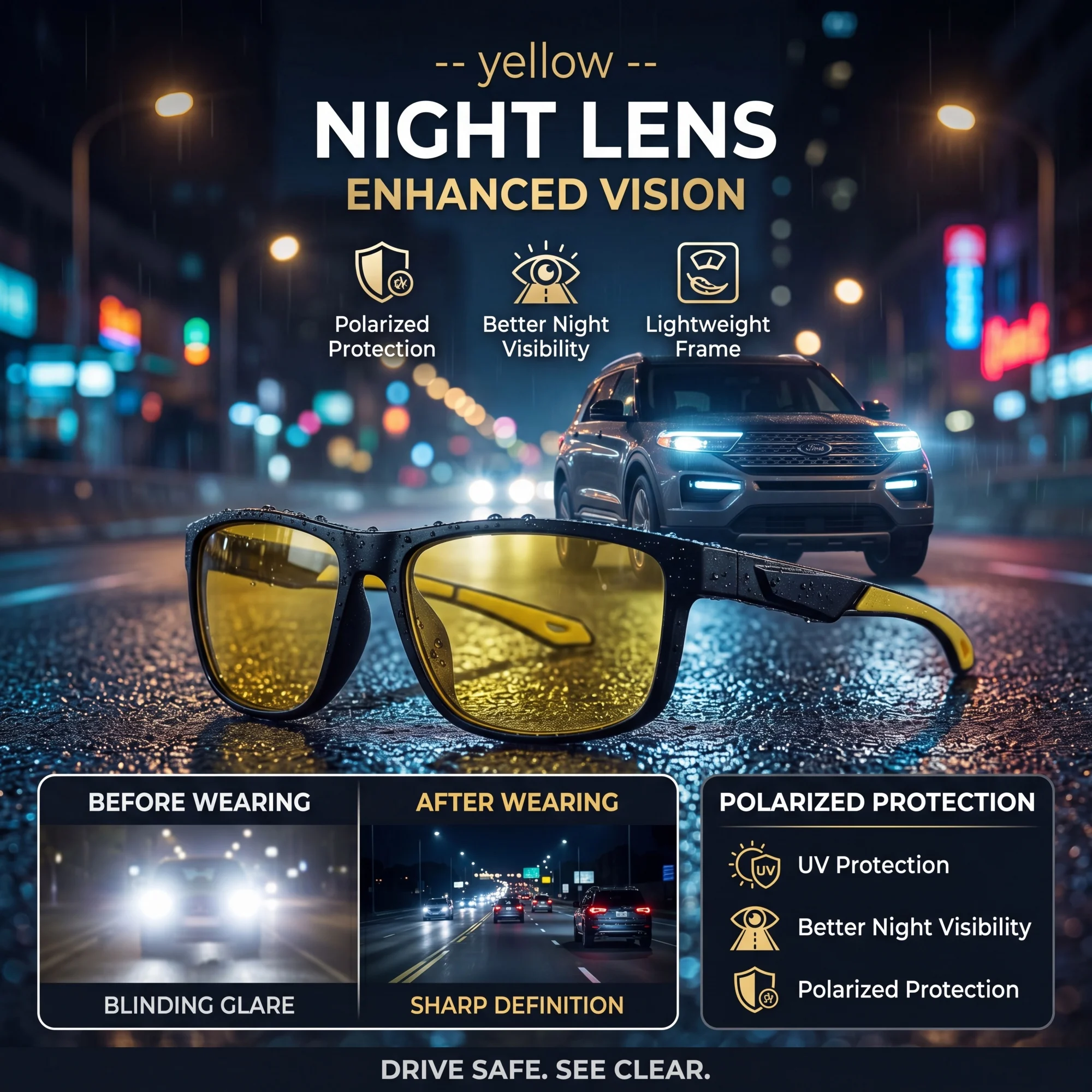 Polarisierte Nachtfahrbrille mit quadratischem Rahmen, rutschfeste Silikonbügel, Anti-High-Beam-Blendschutz, für Nacht, Regen, Nebel, UV400, zum Fahren und Radfahren – Detail 2