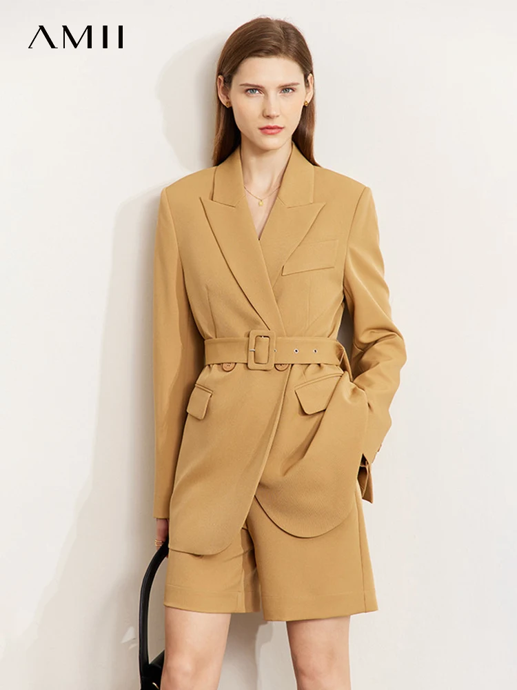 Amii Minimalist Blazers for Women 2023 Spring Long Sleeve Coat Double breasted belt Jacket Office Lady Short Pants 72341039