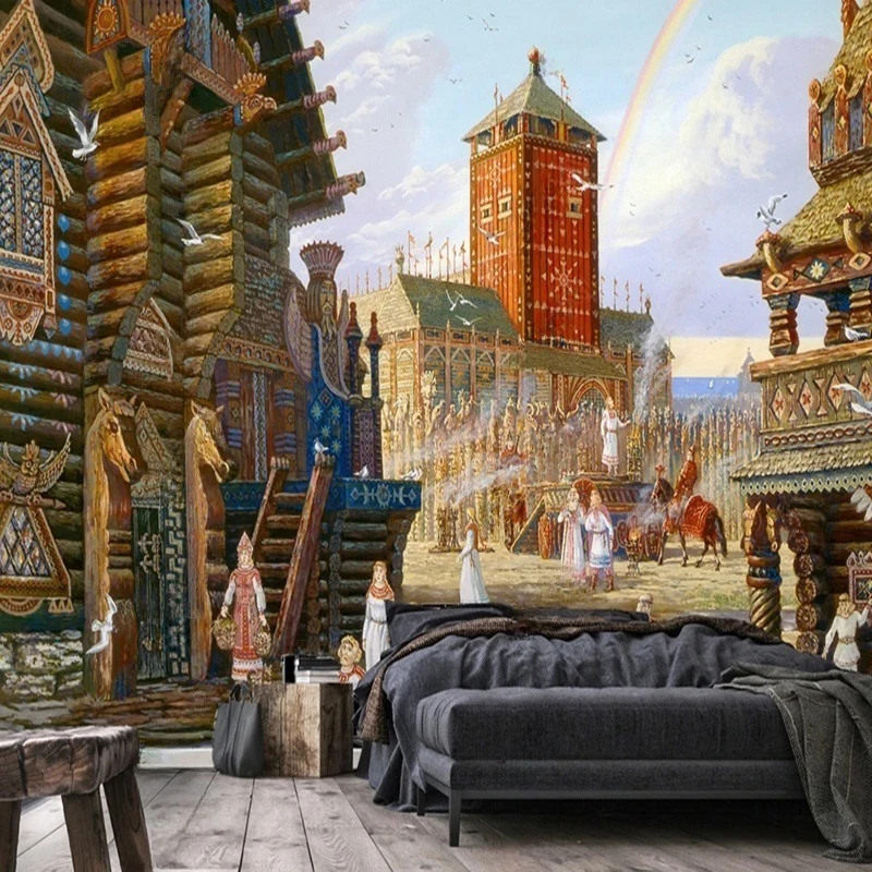Custom Photo Mural European Retro Classical Hand-painted Oil Painting Castle Scenery TV Background Wall Decoration Painting 3D