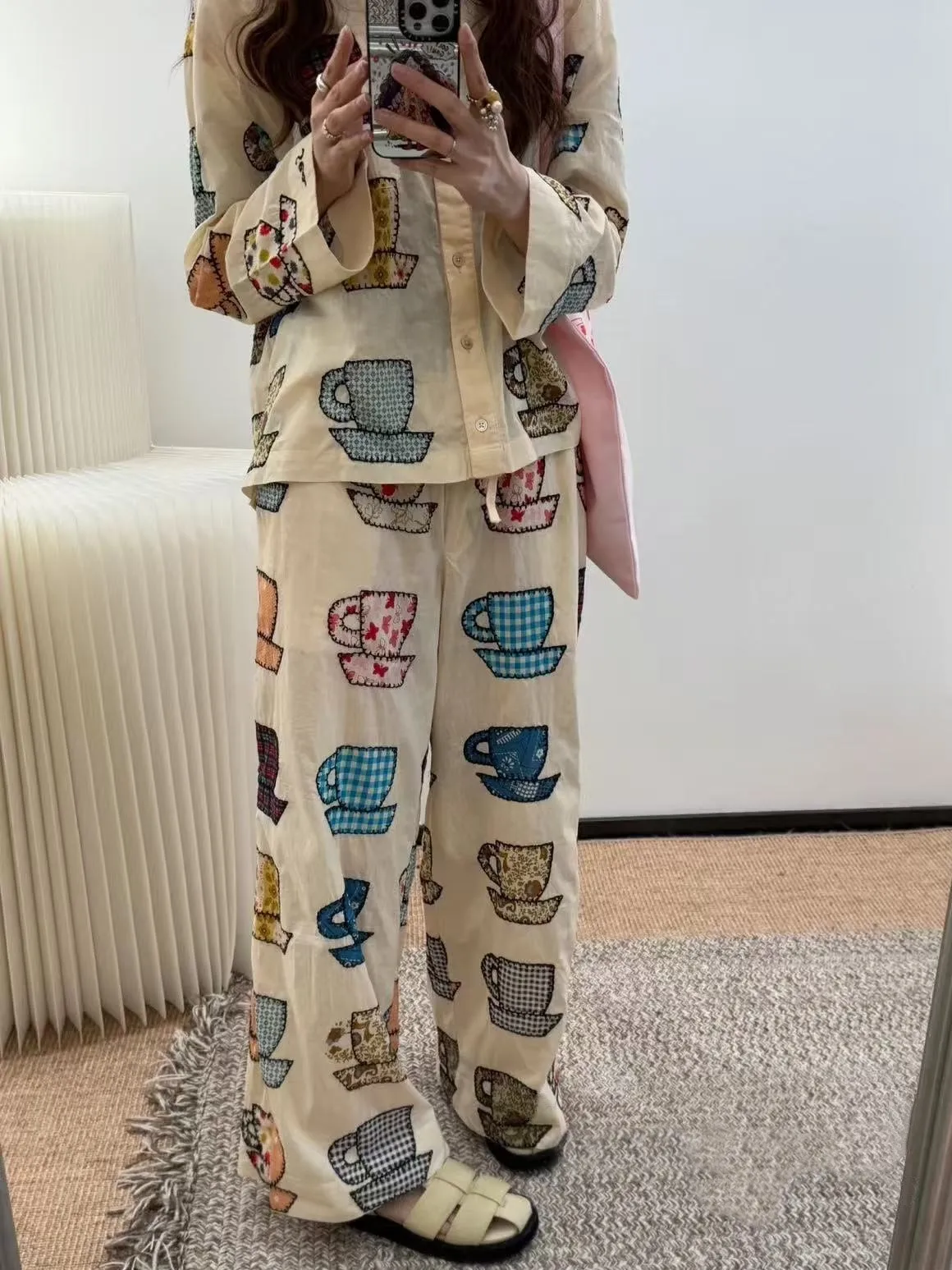 

Women Tea Cup Printed Set Turn-down Collar Long Sleeve Single Breasted Shirt + Elastic Waist Wide Leg Pants Casual Cotton Suits
