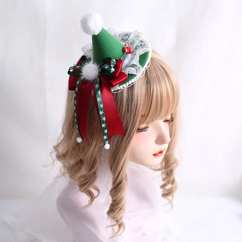 Novo chapéu de natal artesanal original doce bonito lolita renda furball grande arco grampo de cabelo natal pequeno presente chapéu