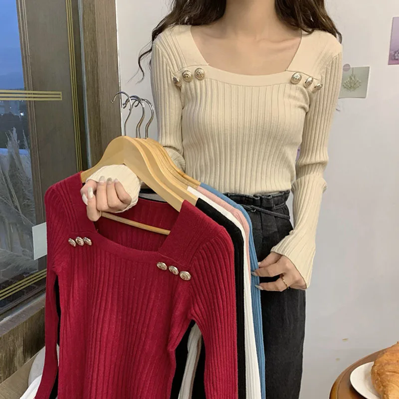 Korejpaa Early Autumn Women Clothing Square Neck Base Sweater Solid Color Inner Layer Slim Fit Pullover Long Sleeved Knitted Top