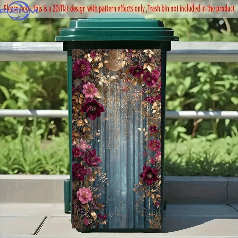 PC 2D Flat Self-Adhesive Trash Can Sticker, Floral-Ringed Mysterious Blue Curtain Decorative Sticker, Creative Trash Can Decor