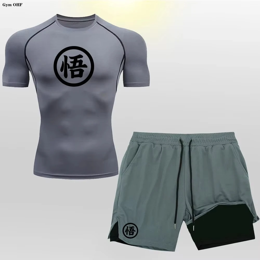 

Men's Compression Sportswear Suit Gym Short Sleeved T-Shirt Sports Set Goku 2Pcs Workout Jogging Shorts 2 in 1 Fitness Tracksuit