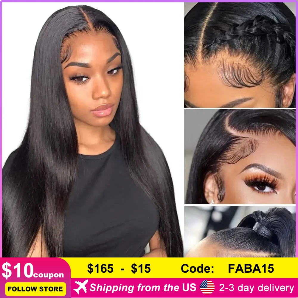 Black Straight Human Hair Lace Front Wigs Natural Black Straight HD Lace Front Free Part Brazilian Human Hair Wig With Baby Hair