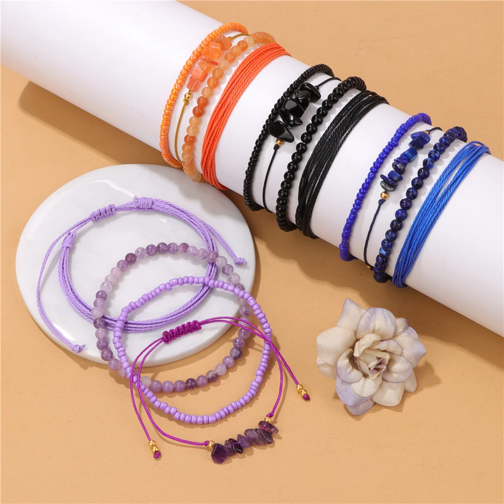 4Pcs/Set Natural Stone Bracelets Amethysts Lilac Lapis Lazuli Obsidian Beads Bracelet for Women Men Multi Layer Bracelet Gifts