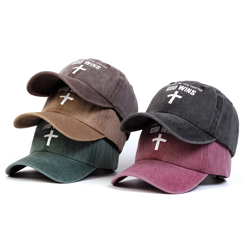 Unisex GOD WINS Cross Print Wash Baseball Caps Spring and Autumn Outdoor Adjustable Casual Hats Sunscreen Hat