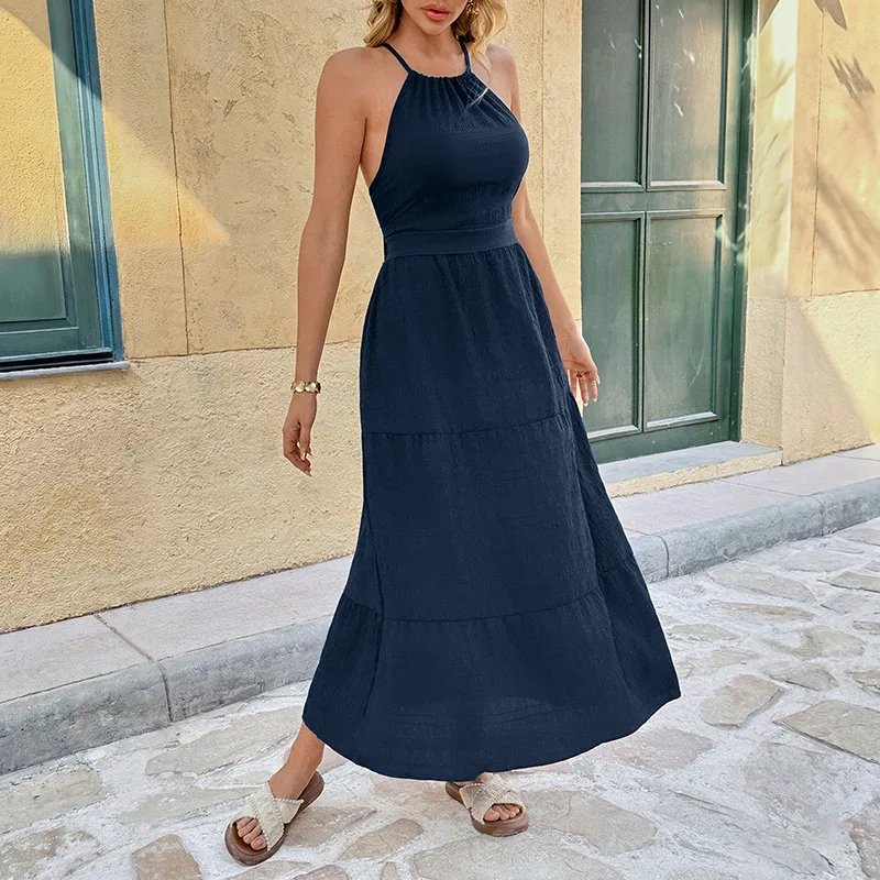 

Women Dresses Solid Dress Neck Mounted Backless Halter Neck Sleeveless Ankle Length Cinched Empire Waist Casual Slim 2026 Summer