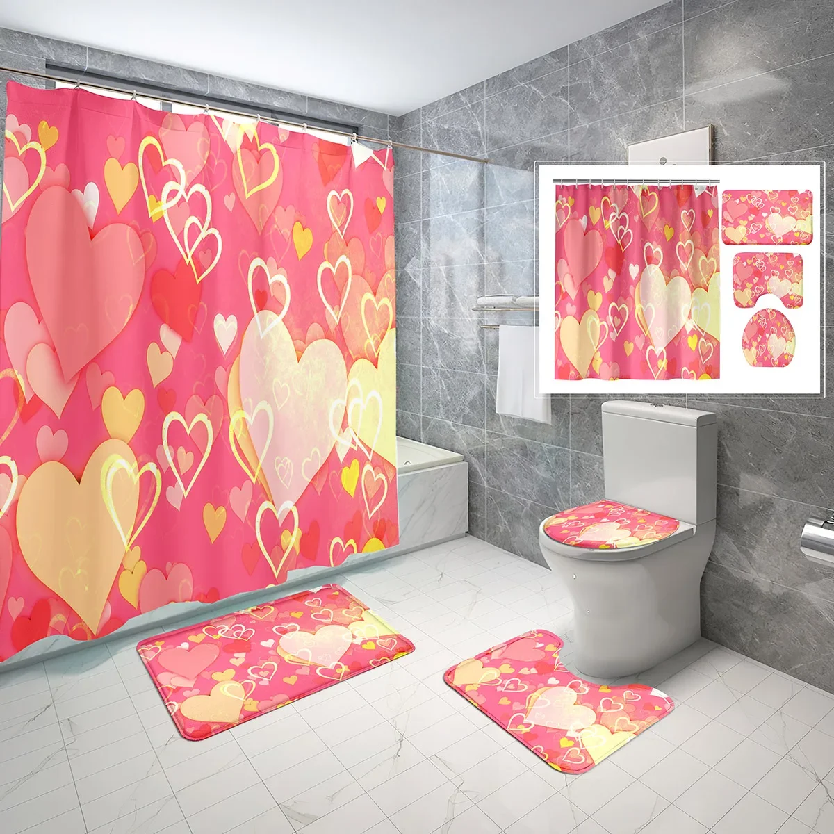 4 Pcs Colorful Heart Shower Curtain Sets Abstract Illustration Art Non-slip Bath Mat Toilet Lid Waterproof Shower Curtain Set