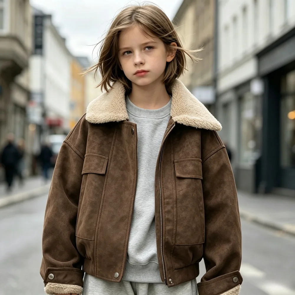 Kids Fleece Lined Suede Jacket Gray Brown Thick Windproof Warm Short Coat for Boys Girls Fall Winter Daily Outdoor Casual Wear