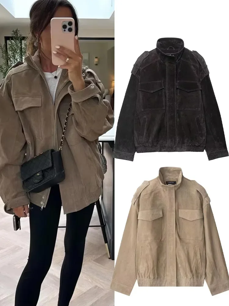 

NERHEFZ Autumn Winter Women Suede Leather Jacket Simple Shoulder Pads High Collar Elegant Zipper Lady Warm Coat Chic Female Tops