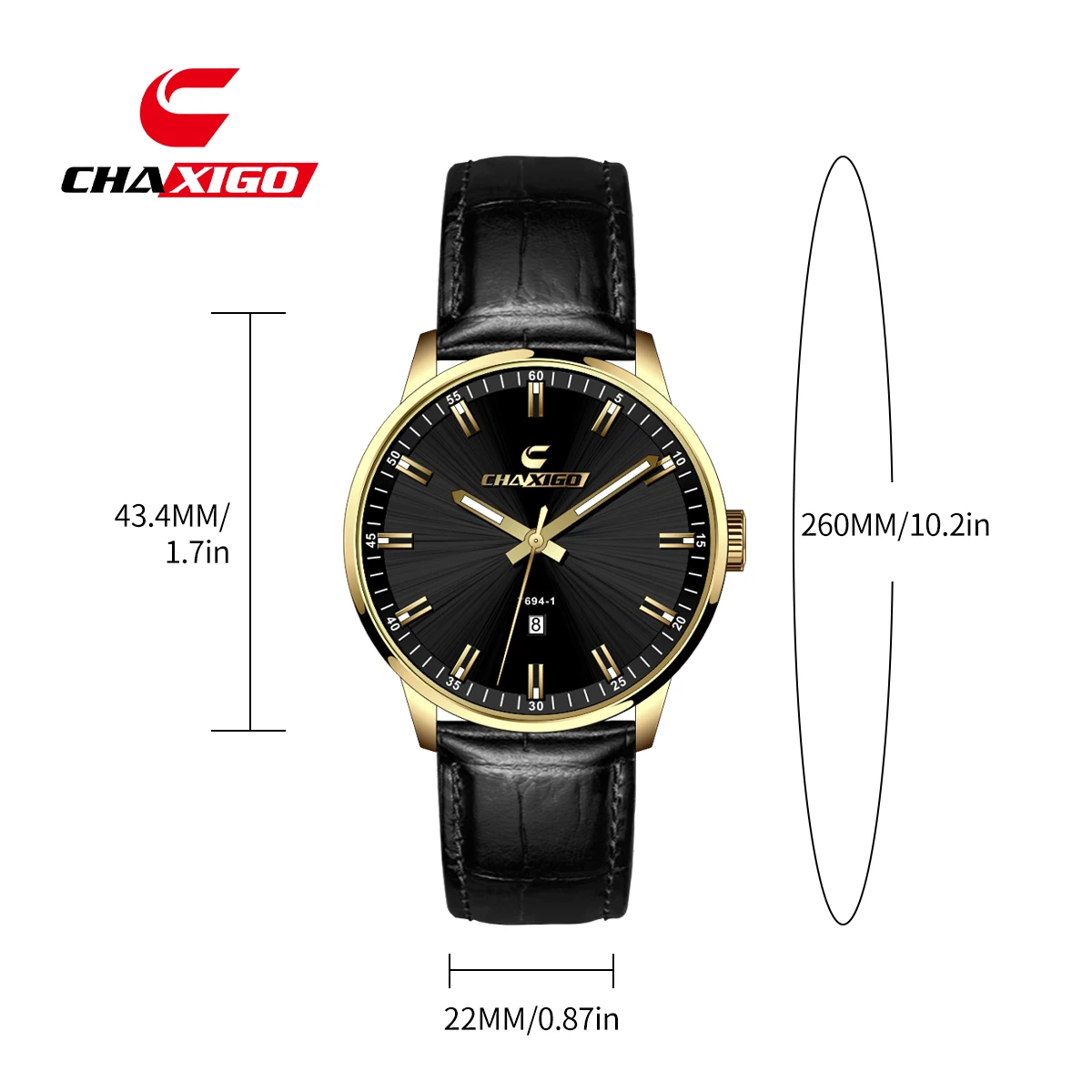 ساعة CHAXIGO للرجال بحزام جلدي للأعمال، وظيفة تقويم كاملة، مقاومة للماء حتى 30 مترًا، علامات مضيئة، تصميم خفيف الوزن
