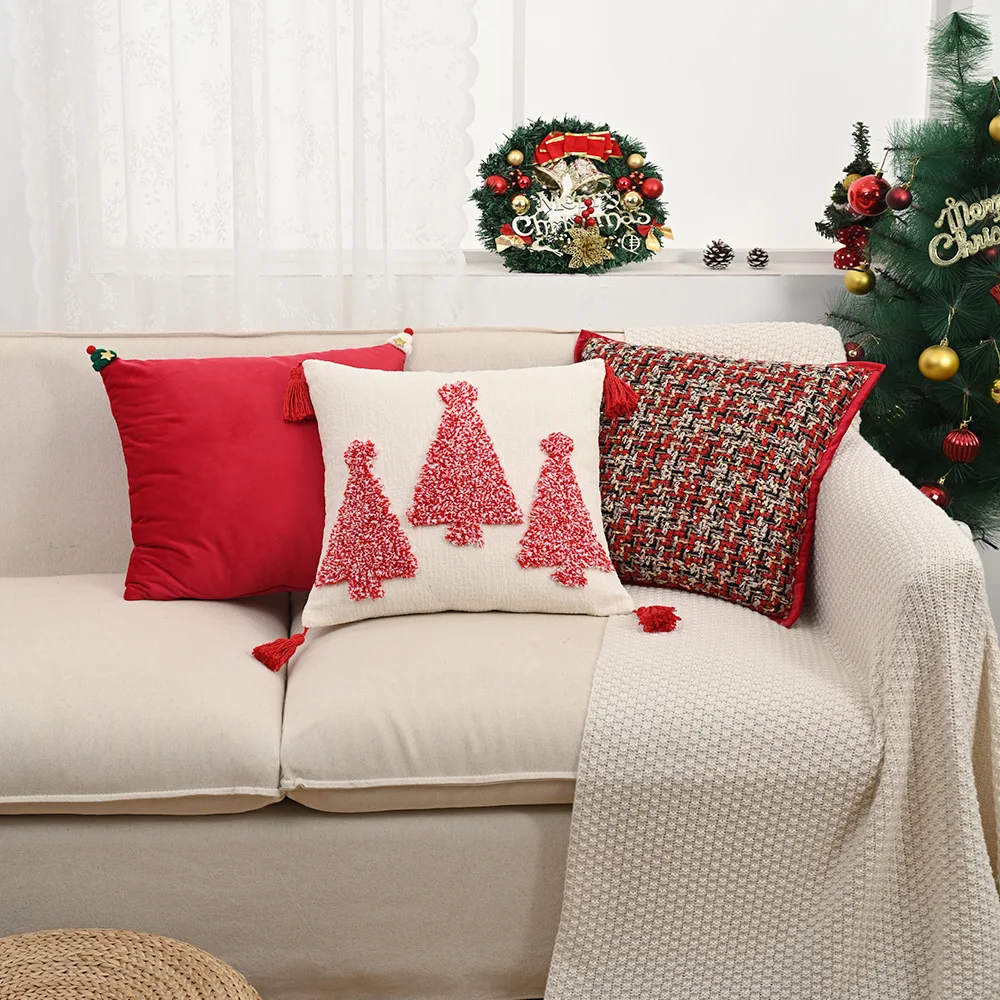 Red and Green Christmas Cushion Cover Christmas Tree Tufted Pillowcase Sequin Woven Pillow Cover Decorative Festival Living Room