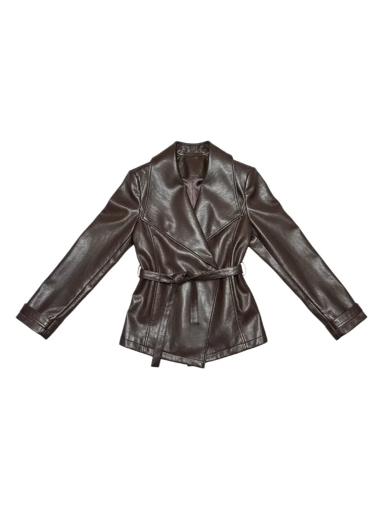 Cappotto da donna in pelle artificiale Jaet caffè marrone lectual Sle, vestibilità slim, ecologico, ultra morbido, legato in vita