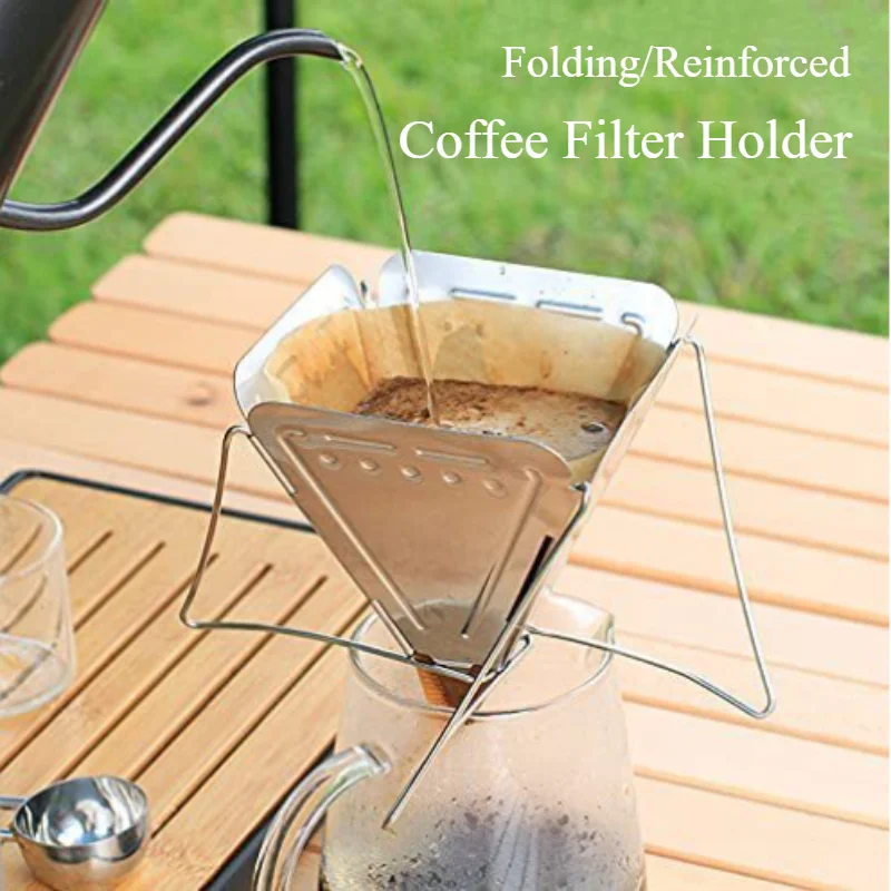 1pc Outdoor Camping Hand Brewed Coffee Filter Folding Funnel with Holder Portable Camping Stainless Steel Filter Mug Dripper