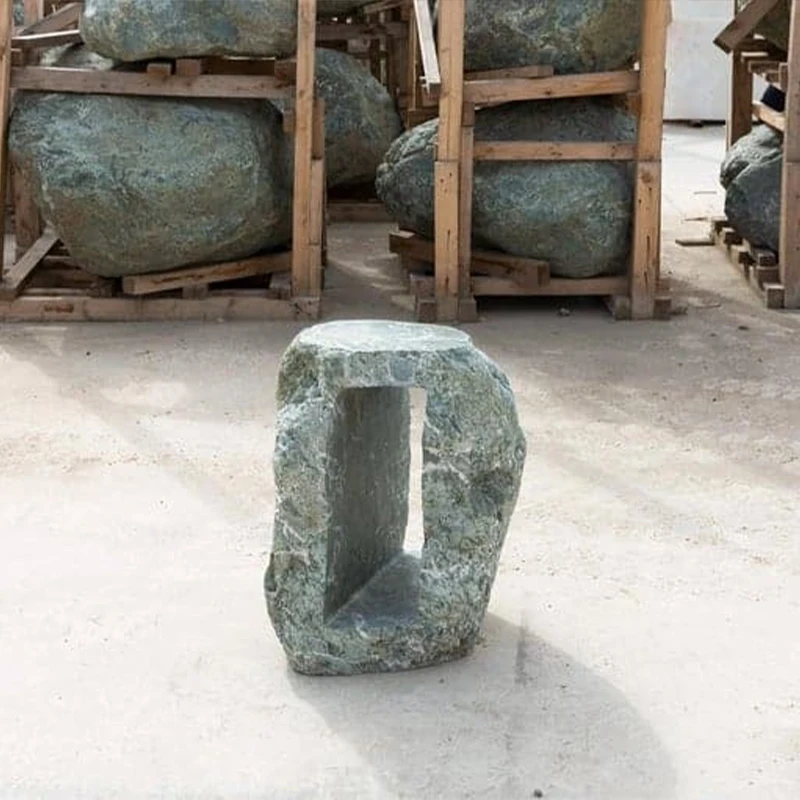 #Modern Luxury Green Marble Side Table Organic Raw Rock Form Hollow Opening Solid Monolith Stone Indoor Home Decor Side Table