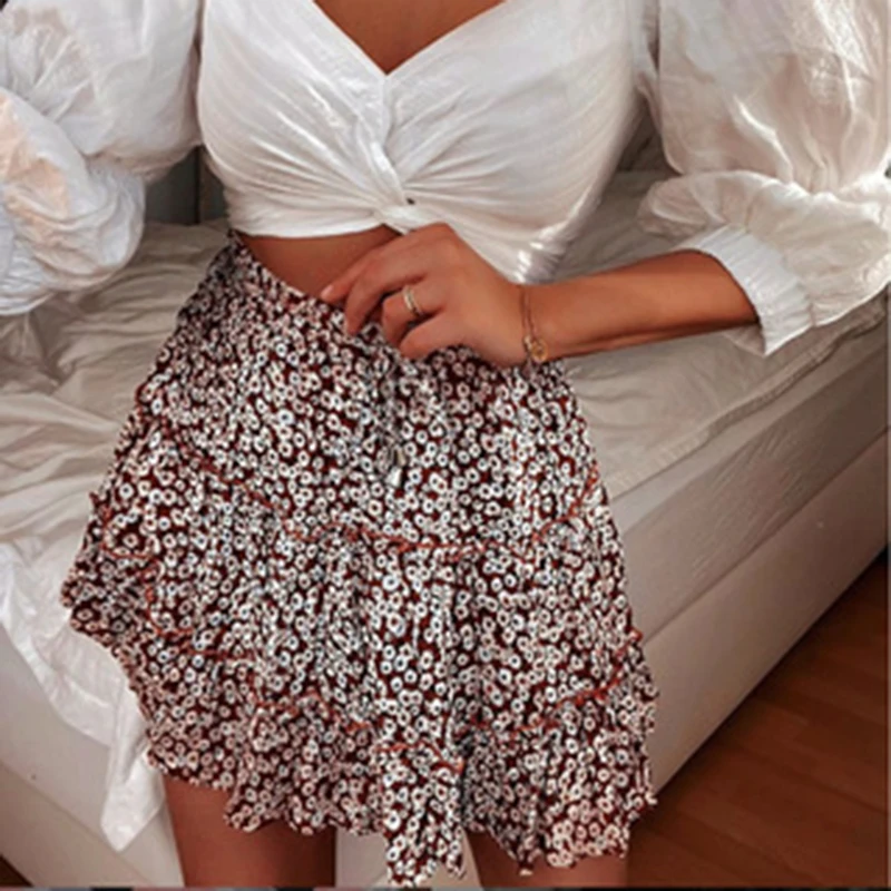 Falda floral cómoda plisada con volantes y cordones de cintura alta a la moda de verano 2025 para mujer falda acampanada estampada