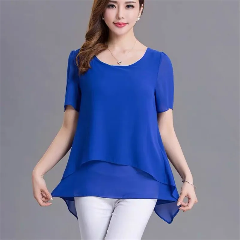 Short Sleeve Chiffon Women Shirts 2024 Summer Office Work Tops Elegant Lady Shirt Solid O-Neck Women Blouses   -