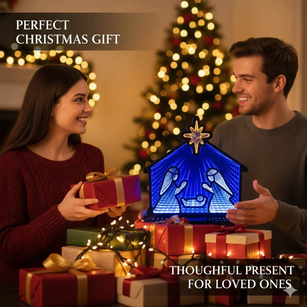 USB LED 3D Infinity Light Christian Nativity Scene Acrylic Neon Lamp For Christmas Table Room Decor Jesus Manger Themed Ornament