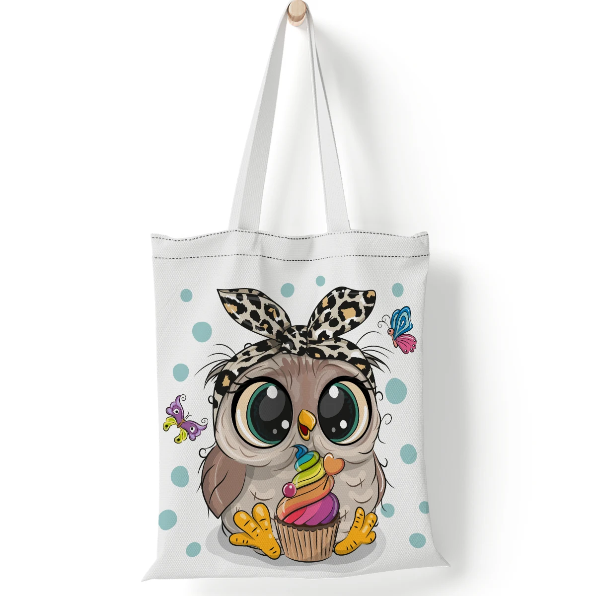 FUDEAM Fashion Cute Cartoon Owl Print  Large Capacity Canvas Bag Portable Foldable Shoulder Bag Lightweight Sling Shopper Bag