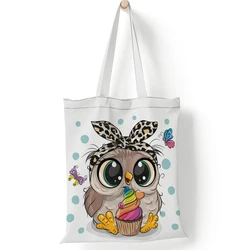 FUDEAM Fashion Cute Cartoon Owl Print borsa di tela di grande capacità borsa a tracolla pieghevole portatile borsa a tracolla leggera