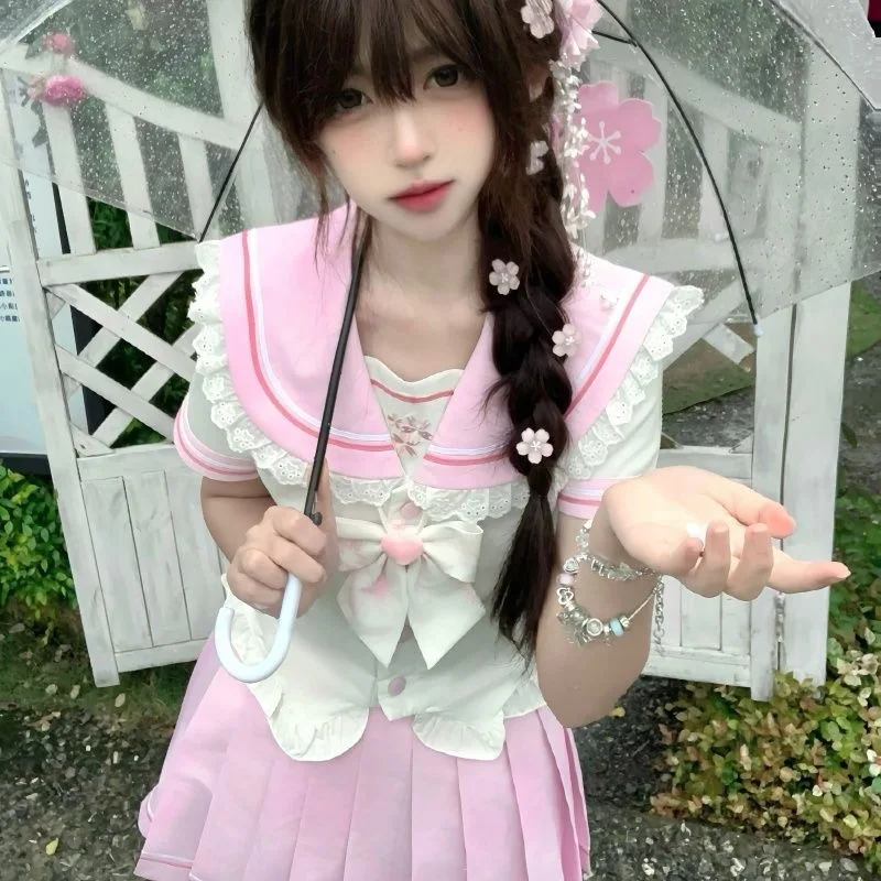 Pink Cherry Blossom JK Sailor Uniform Set Sweet Cute Waist‑Fitted Two Piece Outfit Theme Party Costume