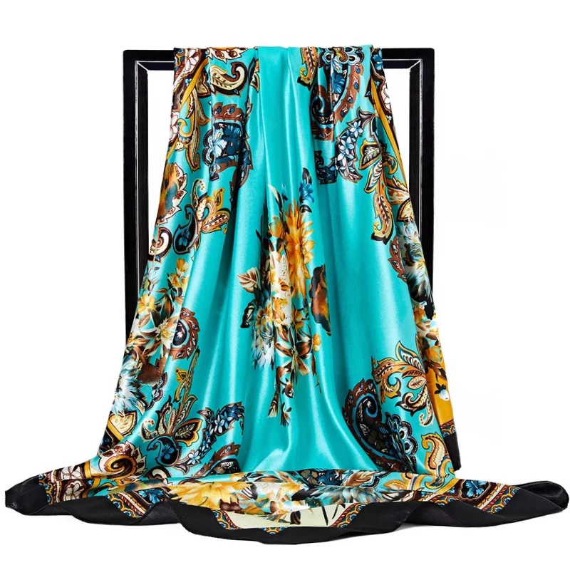 90X90CM Shawls Four Seasons Square Kerchief 2022 Popular Sunscreen Headcloth Fashion Colour Silk Scarves Luxury Print Bandannas