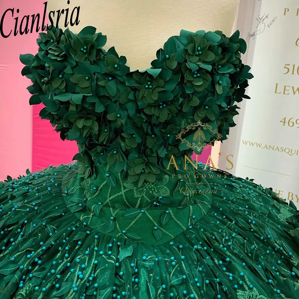 Emerald Green 3D Flowers Appliques Quinceanera Dresses Ball Gown Off The Shoulder Beading Pearls Corset Vestidos De 15 Años