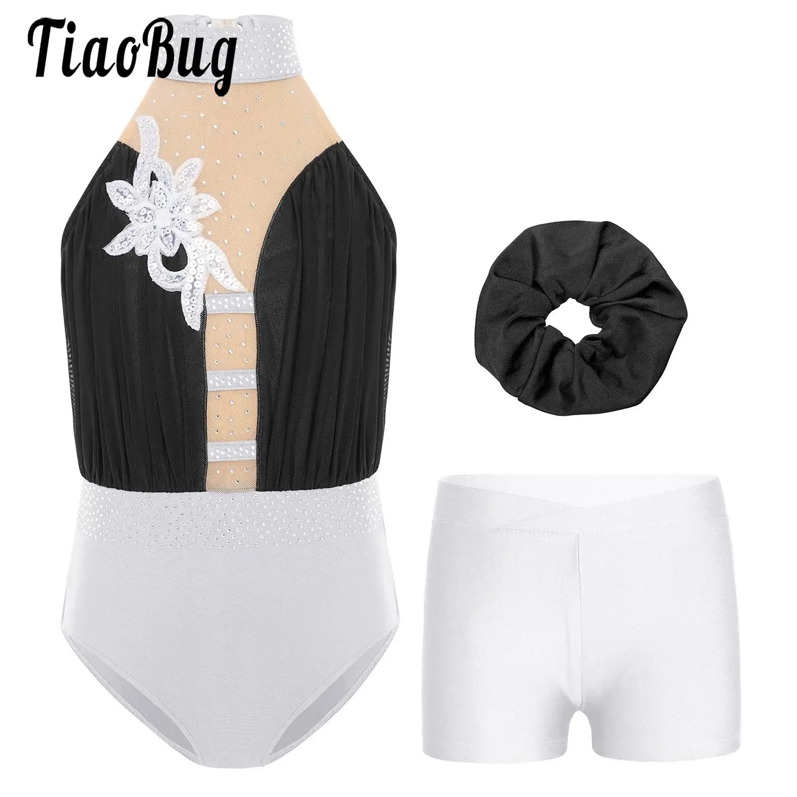 

Kids Girls Applique Figure Skating Rhythmic Gymnastics Ballet Performance Costume Outfit Sleeveless Leotard Shorts And Hairband