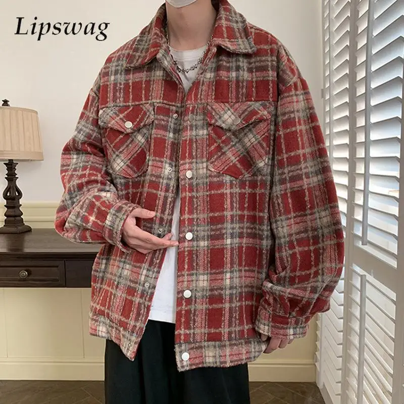 

Trendy Mens Plaid Embroidery Jacket Streetwear Men Clothes Fashion Lapel Button-up Long Sleeve Loose Cardigans Men's Casual Coat