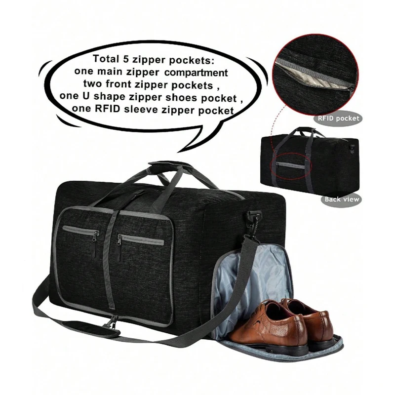 Fmeida 65L Duffle Bag with Shoes Compartment, Foldable Travel Duffel Bags for Men Women, Large Packable Travel Bag Water Repellent & Tear Resistant view 5