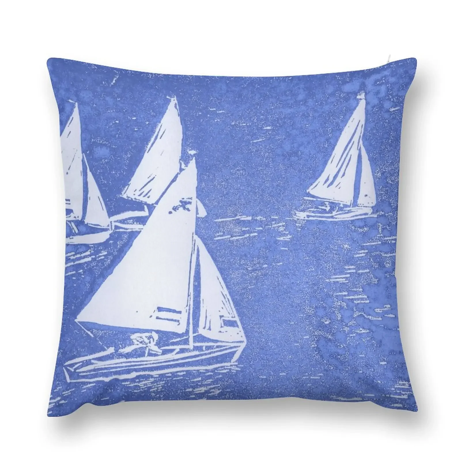 Lino cut print in blue of Seabird sailing boats off Ravenspoint, Trearddur Bay, Anglesey, in North Wales Throw Pillow