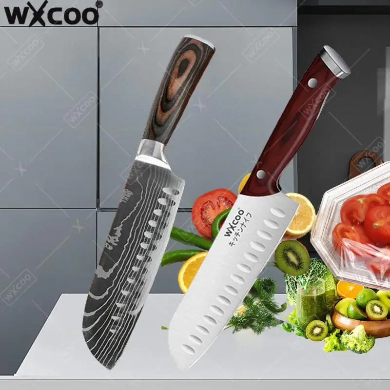 WXCOO-cuchillo de cocina de acero inoxidable, cuchillo profesional para deshuesar pescado japonés Santoku, cuchillo para cortar frutas y verduras, mango de madera