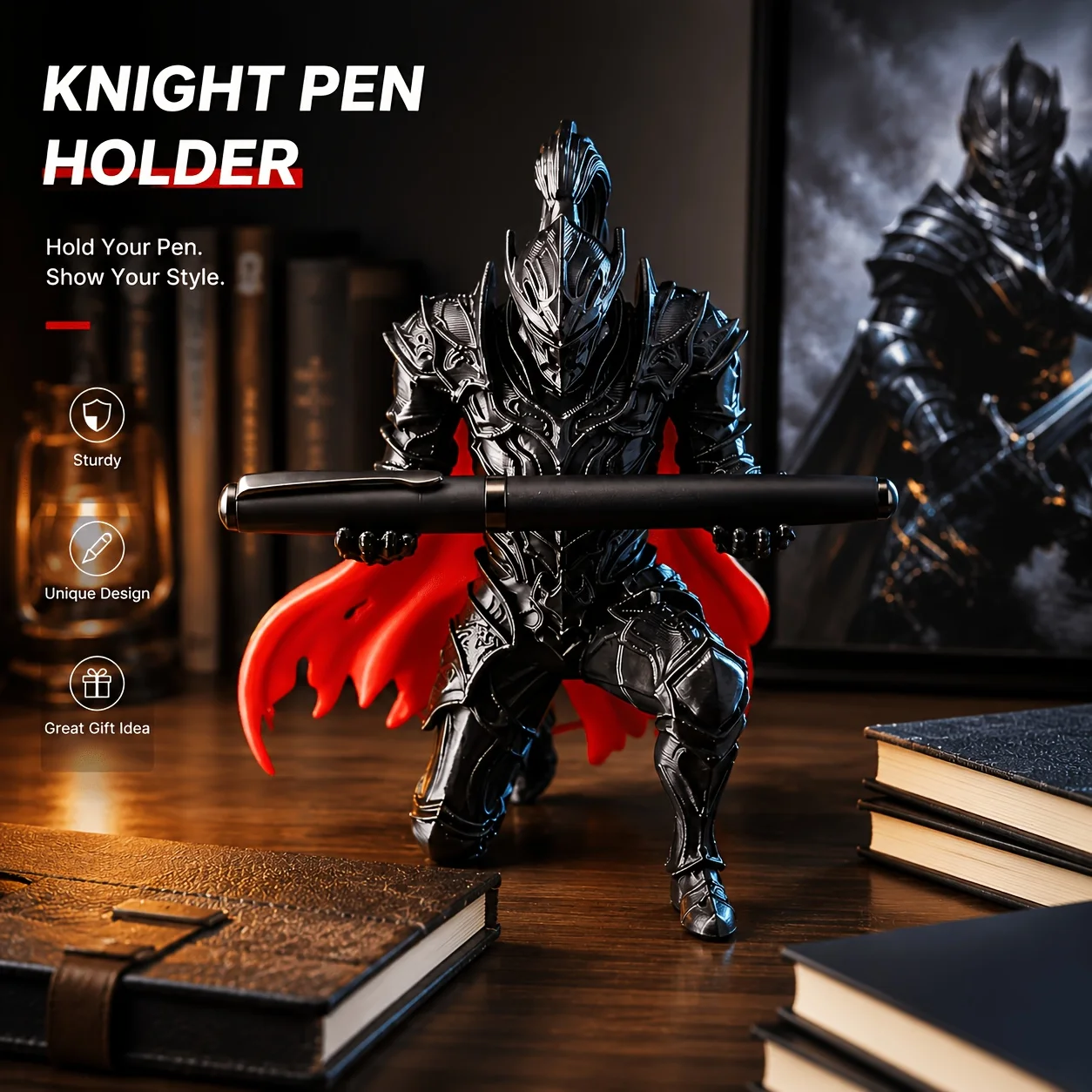 Kneeling Dark Armor Knight Figurine Pen Holder Resin Desktop Organizer Creative Desk Decor Pen Stand Best Gift for Office