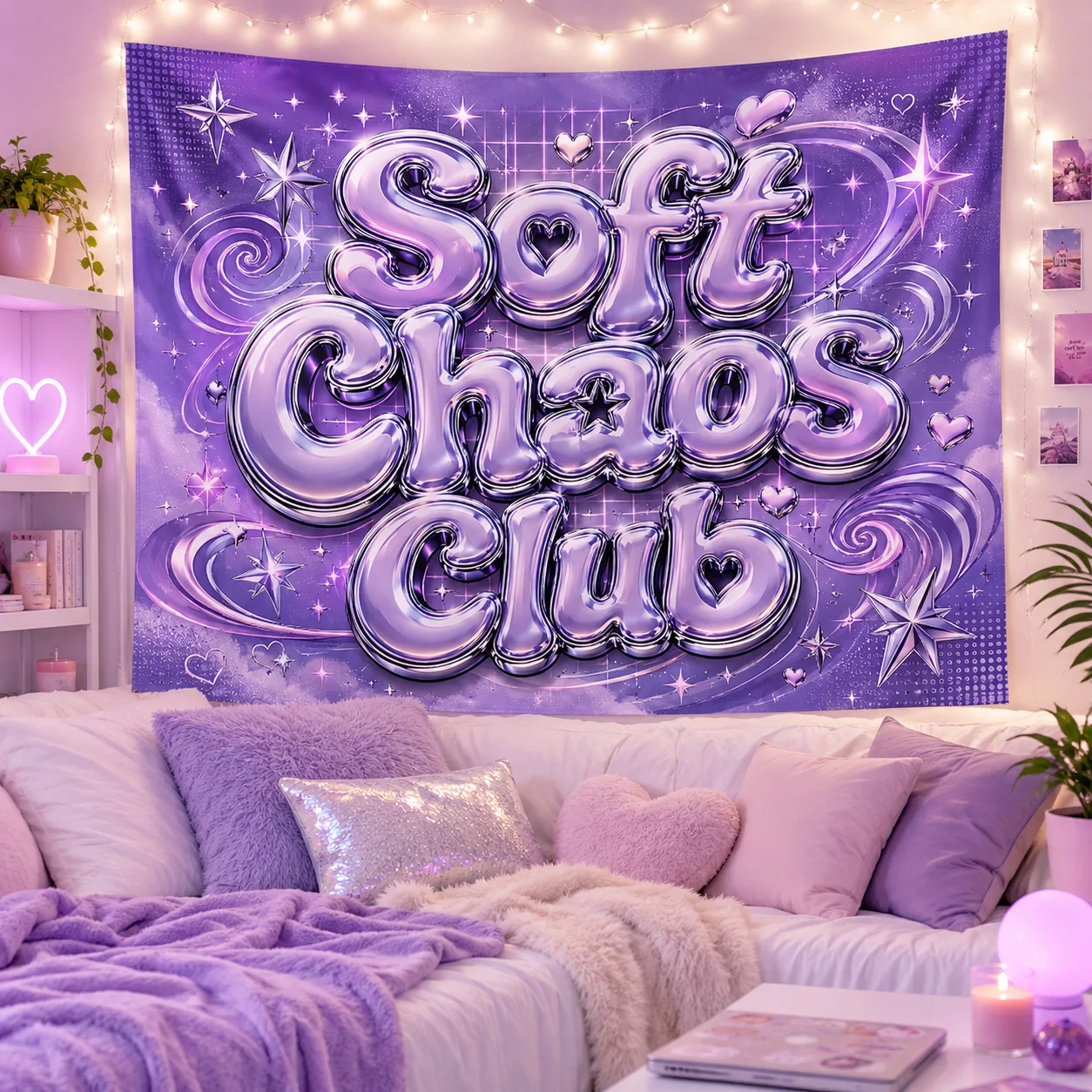Soft Chaos Club Wall Tapestry Y2K Purple Chrome Funny Quote Hanging Decor for Dorm Bedroom Party Backdrop Gift