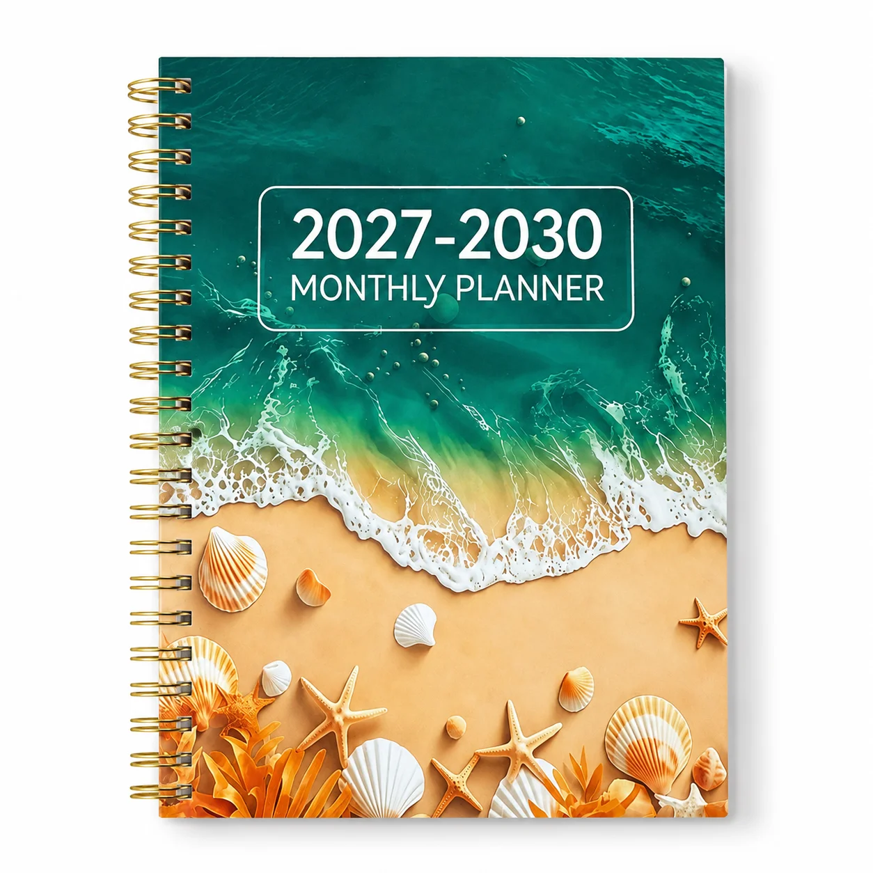 Ocean Seashell Covered Spiral Bound Planner 2027-2030 Four Year Monthly Calendar Multi-Year Agenda Long-Term Organizer