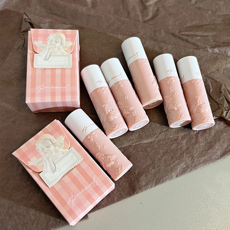 Pink Cute Angel Embossed Lip Gloss Relief Velvet Lip Glaze Long Lasting Not Easy to Fade Waterproof Lipstick Women Makeup