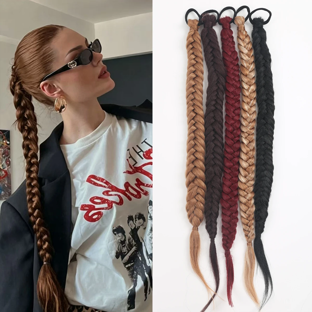 24 Inch Synthetic Braided Ponytail Extension with Elastic Band - Multi-Color Jumbo Twist Braid for Women Festival Rave Party