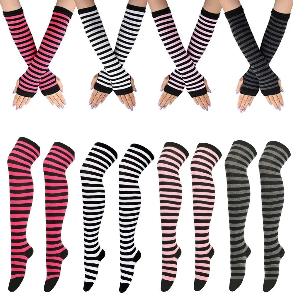 Women Girls Striped Arm Sleeve Warm Knee Socks Sweet Cute Plus Size Overknee Socks Arm Sleeve Gloves Cosplay Halloween Socks Hot