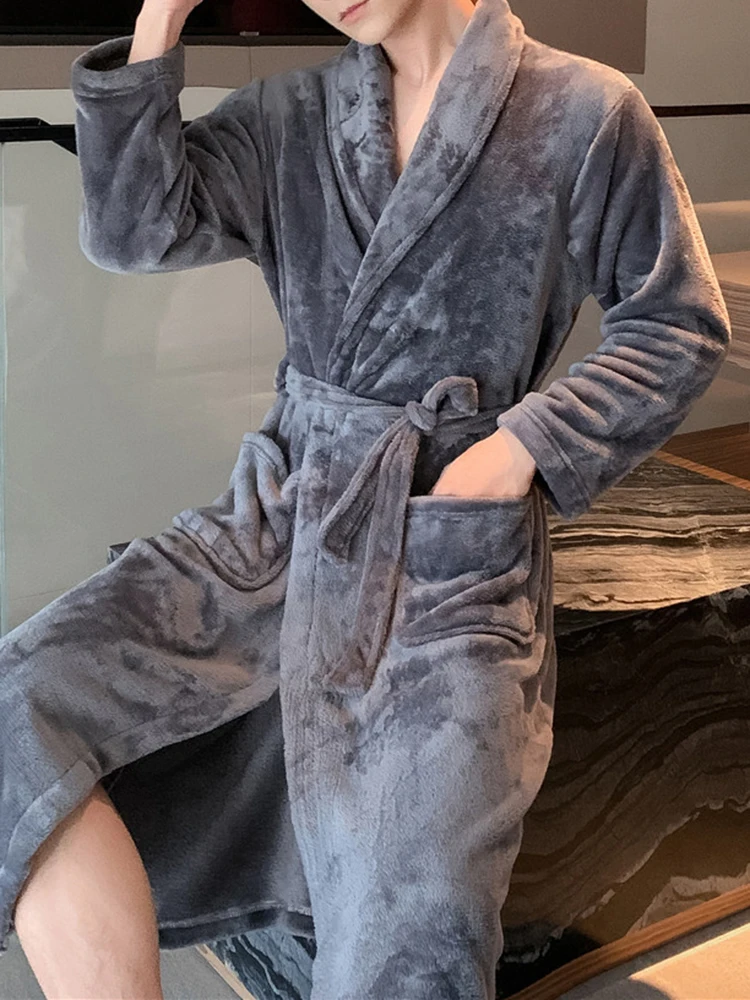 남성용 두꺼운 코랄 플리스 로브 잠옷 가을 겨울 봄 스타일 플러시 목욕 가운 긴 가운 모닝 코트 폴리에스터 섬유