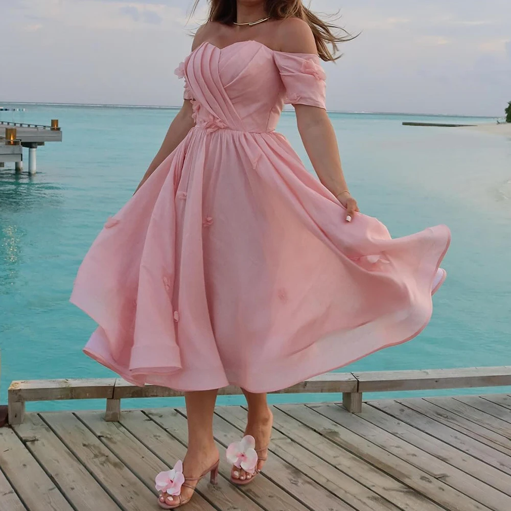 

Customized A-line Evening Dresses Tea-length Off The Shoulder Short Sleeve Prom Gown Fashion Flowers Simple Draped Party Gown