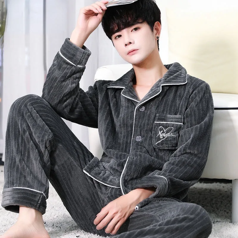 2023 Autumn Winter Flannel Men Pajamas Men Thickened Coral Velvet Long Sleeve Suit Large Home Clothes