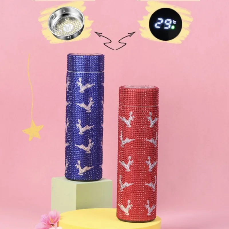 Digital Thermometer Tumbler Christmas Deer Rhinestone Grip Cup Hot-Fix Czech Thermos Glitter Stainless Steel Vacuum Drinkware