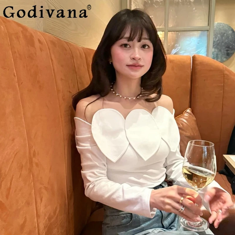 

Spring New Japanese Sweet Fashion Off-shoulder Cotton White T-shirts Women's Slimming Sweet Elegant 3D Petals Long-sleeved Tops