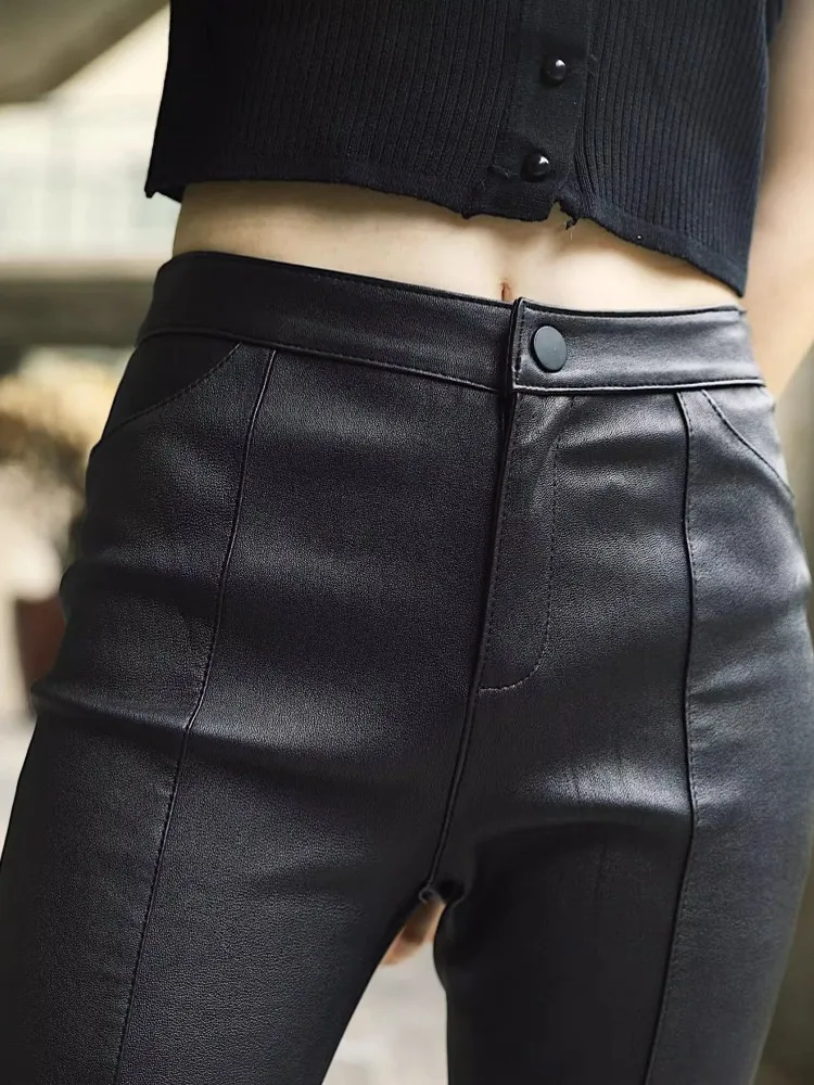New Women Sheepskin Genuine Leather Pencil Pants Spring Autumn Slim Fit Stretchy Ankle Length Trousers Leather Motorcycle Pants - Image 4